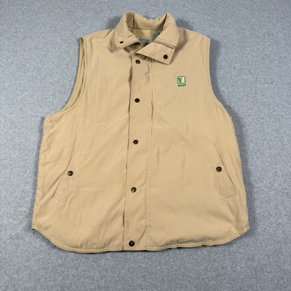 Nikken Mens Insulated Vest Tan Beige Full Zip Snap Front Ceramic Fiber Size L